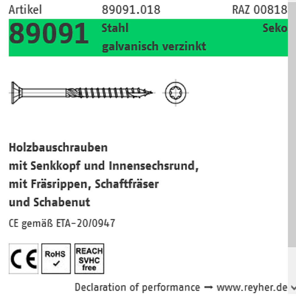 Reyher Holzbauschraube SeKo galv. vz. TG 4,0x60 mm 200 ST