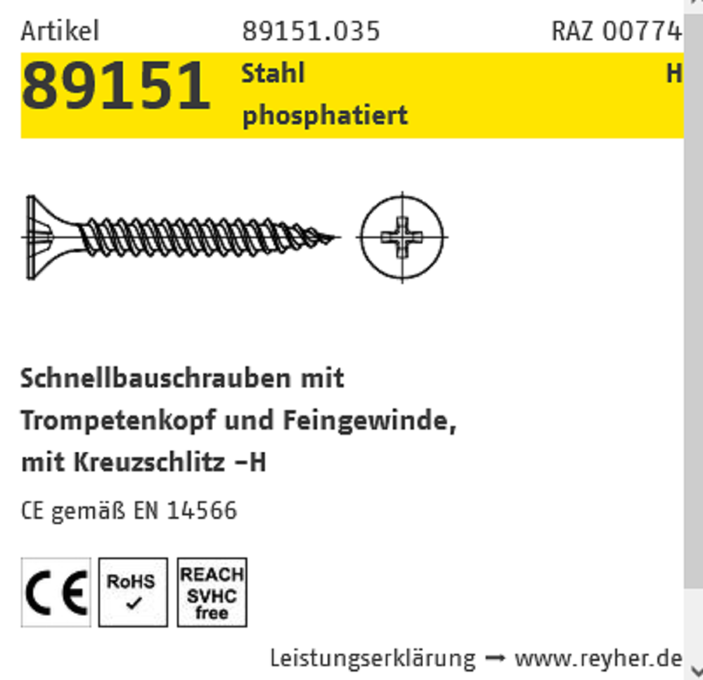 Reyher Schnellbauschrauben phos. FG PH 4,2x75 mm 250 ST