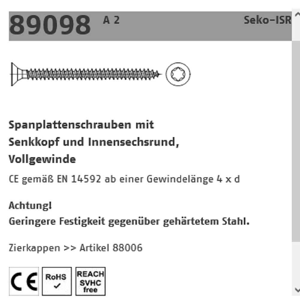 Reyher Spanplattenschraube SeKo A2 VG 5,0x40 mm 200 ST