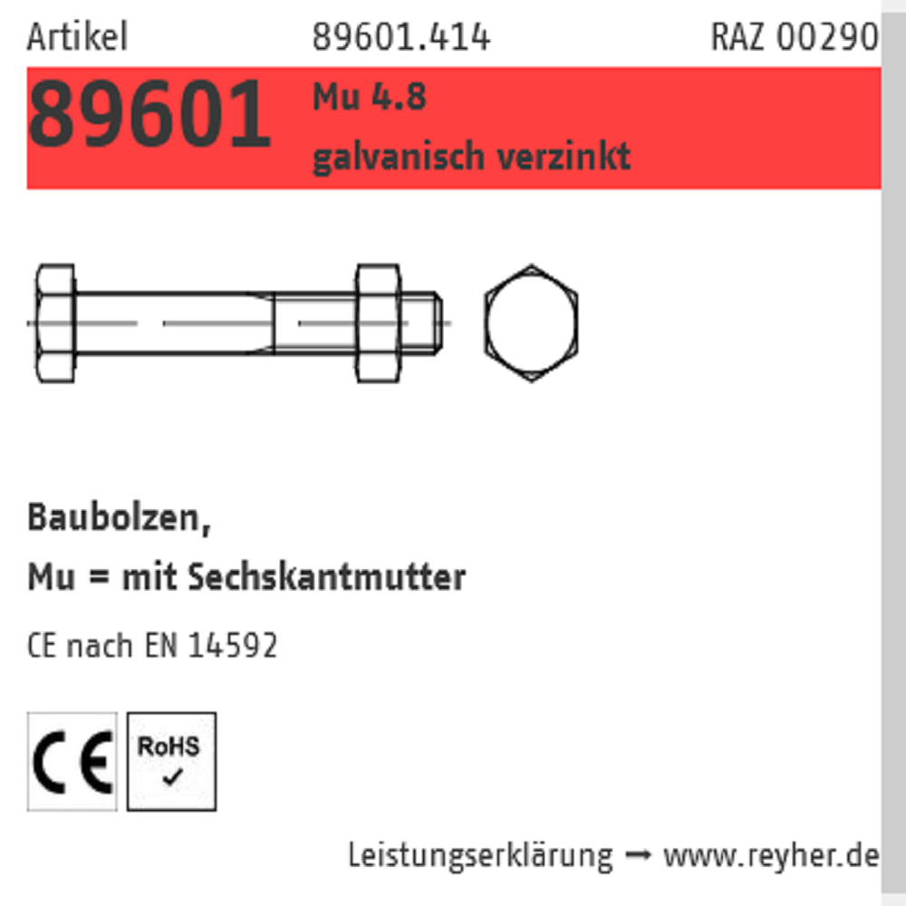 Reyher Baubolzen mit Mutter 4.8 galv vz M12x100 mm 25 ST