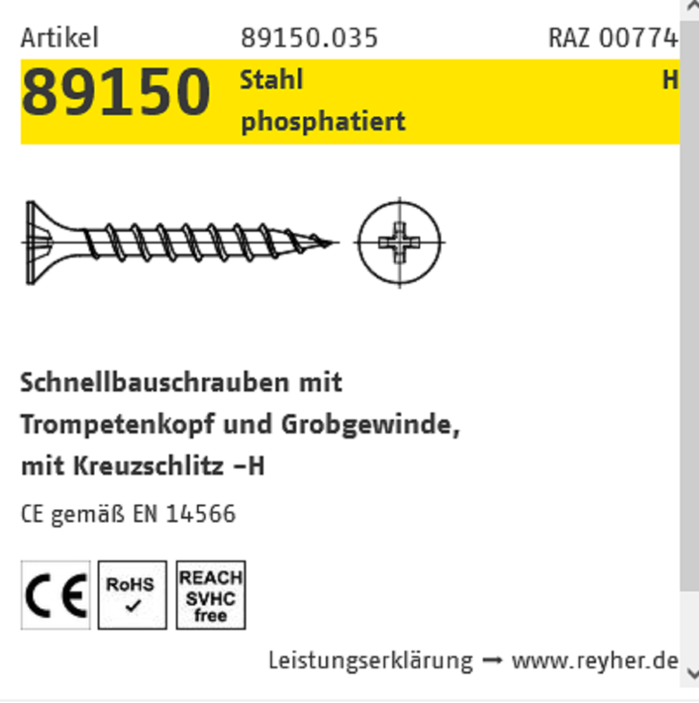 Reyher Schnellbauschrauben phos. GG PH 3,9x45 mm 250 ST