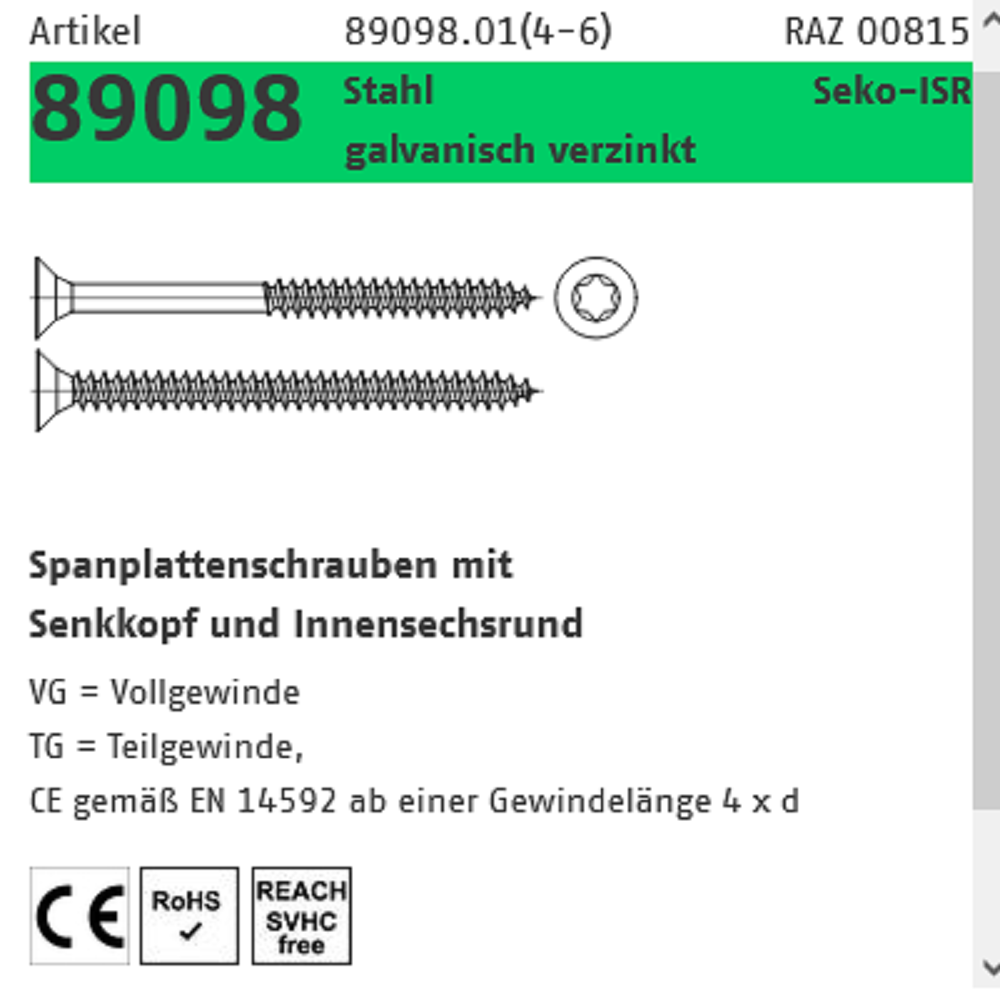 Reyher Spanplattenschraube SeKo galv vz. VG 4,0x20 mm 200 ST