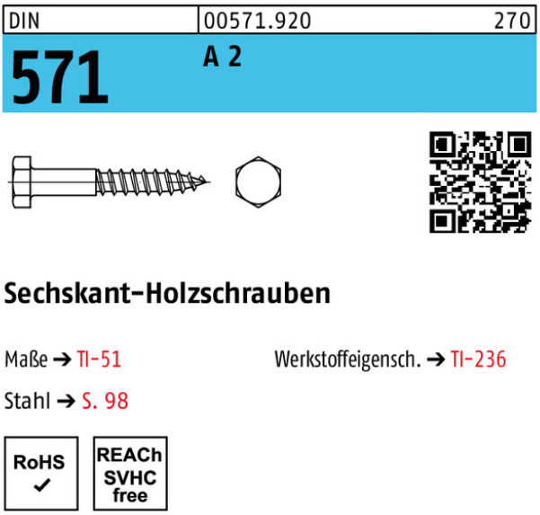 Reyher Holzschrauben 6kant A2 Edelstahl Ø8x40 mm 50 ST