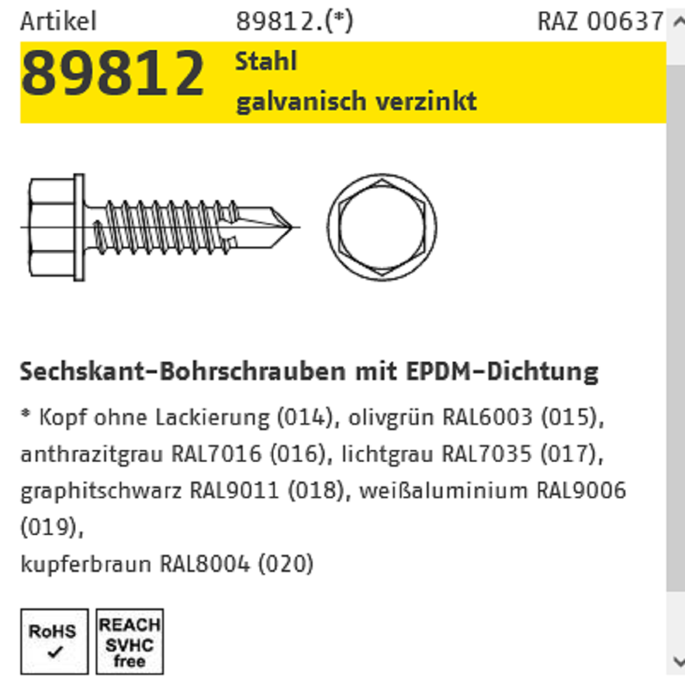 Reyher Bohrschrauben 6kant galv. vz 4,8x20 mm 100 ST