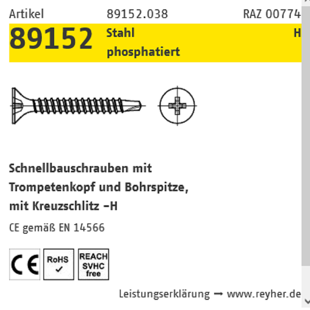 Reyher Schnellbauschraube phos. Bohrsp. PH 3,5x35 mm 250 ST