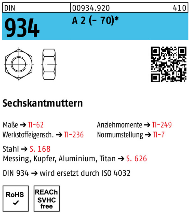 Reyher Sechskantmuttern Edelstahl A2 M6 50 ST