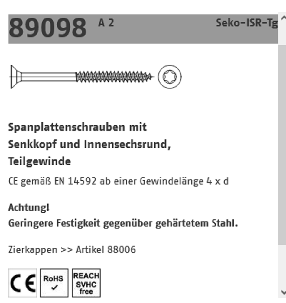 Reyher Spanplattenschraube SeKo A2 TG 3,5x40 mm 200 ST