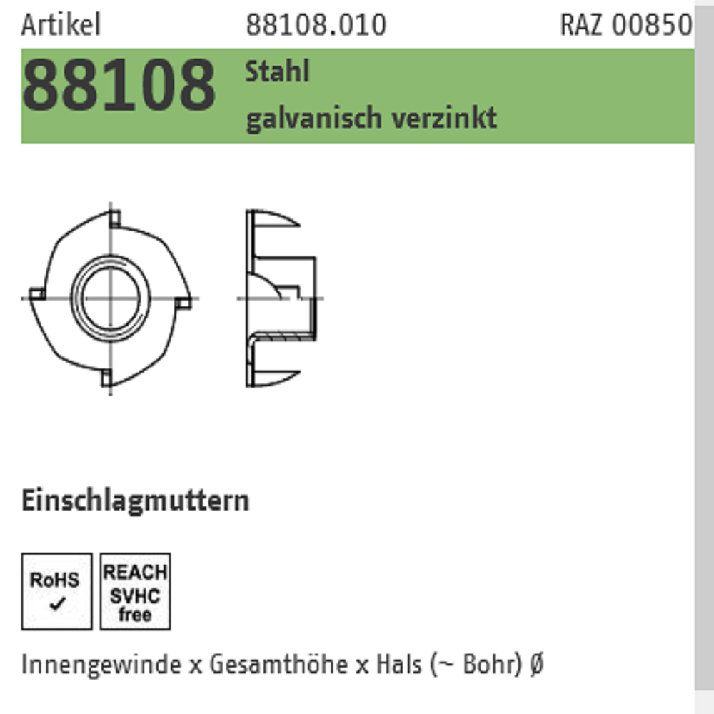 Reyher Einschlagmuttern galv. vz. M6-M10